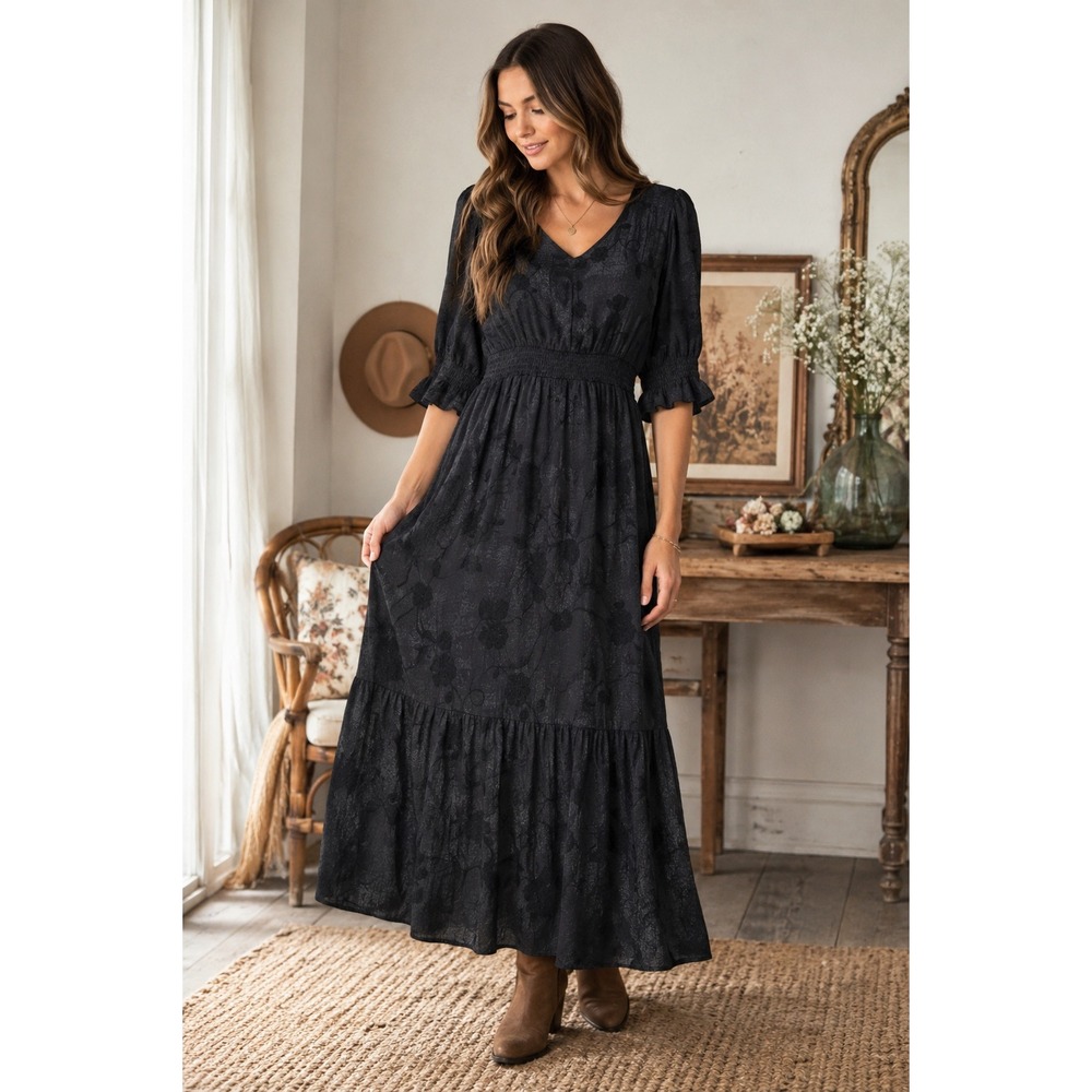 BB Dakota Steve Madden L Black Burnout Floral Jacquard Maxi Dress Whimsigoth